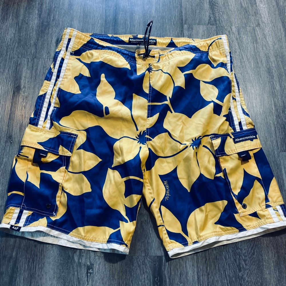 Abercrombie & Fitch Mens XL Board Shorts Yellow Blue Floral Hibiscus Cargo Y2K